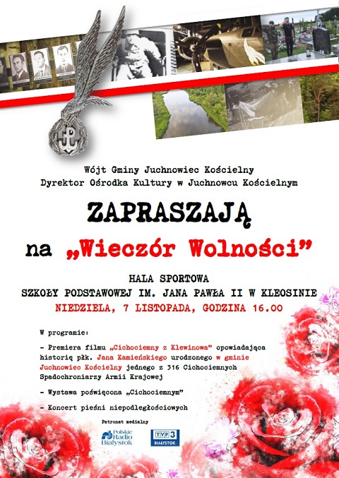 W niedzielę, 7 listopada zapraszamy do hali Szkoły Podstawowej w Kleosinie na „Wieczór Wolności”. 