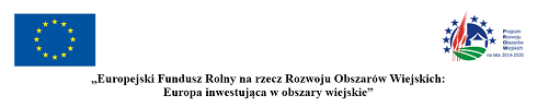 Po lewej stronie znajduje się logo Unii Europejskiej przedstawiające 12 złotych gwiazdek na niebieskim tle. Po prawej stronie znajduje się logo Programu Rozwoju Obszarów Wiejskich, przedstawiające wiejski pejzaż wpisany w koło. Pejzaż przedstawia domek w kolorze biało-niebieskim znajdujący się na pagórkowatych polach w kolorze zielonym z pierwszoplanowymi kłosami zboża w kolorze czerwonym. Logo u góry otacza 8 niebieskich gwiazdek.